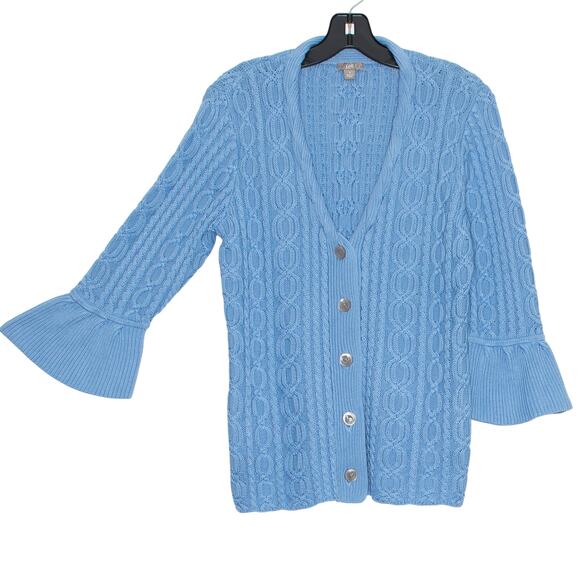 J Jill Cardigan Sweater 3/4 Bell Sleeve Cable Knit Cottage Y2K Preppy Blue Small - Picture 8 of 9
